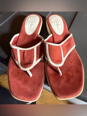 Cole Haan Red Suede Thong Sandals with Cream Trim